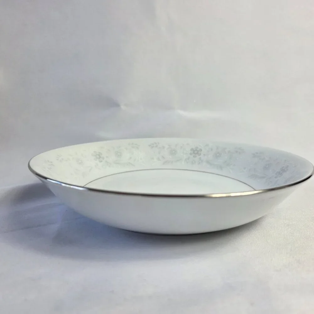 TWO Crown Ming Queen's Lace Soup Bowls White Flowers Platinum Trim